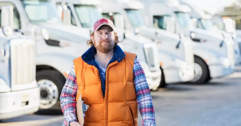 A fleet manager in a safety vest and cap standing in front of a row of well-maintained semi-trucks, holding a clipboard. This represents the importance of preventative fleet car maintenance in ensuring vehicle reliability and safety.