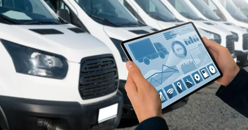 A fleet management dashboard displayed on a tablet screen with vehicle icons, maintenance analytics, and tracking tools, illustrating how technology enhances fleet car maintenance and monitoring